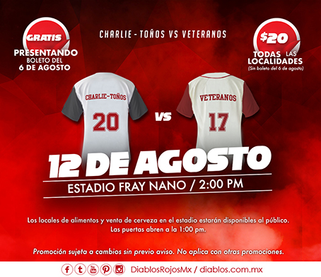 El 12 de agosto en el Fray Nano, veteranos de Diablos Rojos vs Charlie-Toños